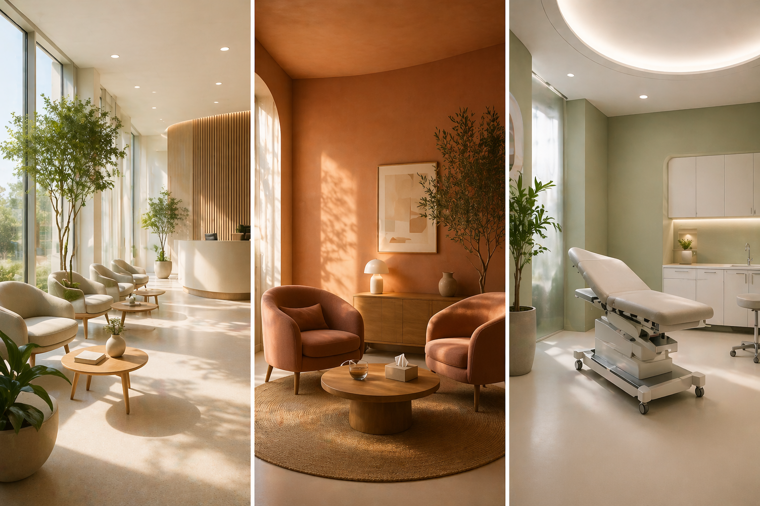 Drie zorgomgevingen met verschillende kleurstrategieën: wachtruimte, gespreksruimte en behandelkamer