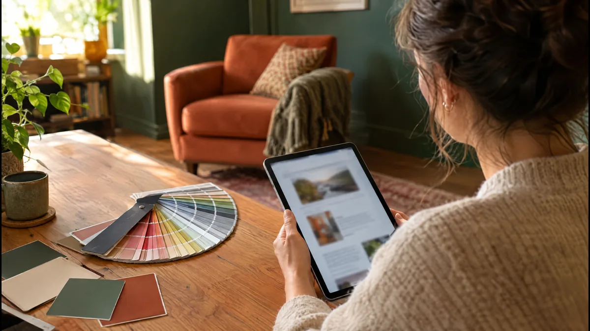 Iemand werkt met een kleurwaaier en een tablet aan een kleurkeuze